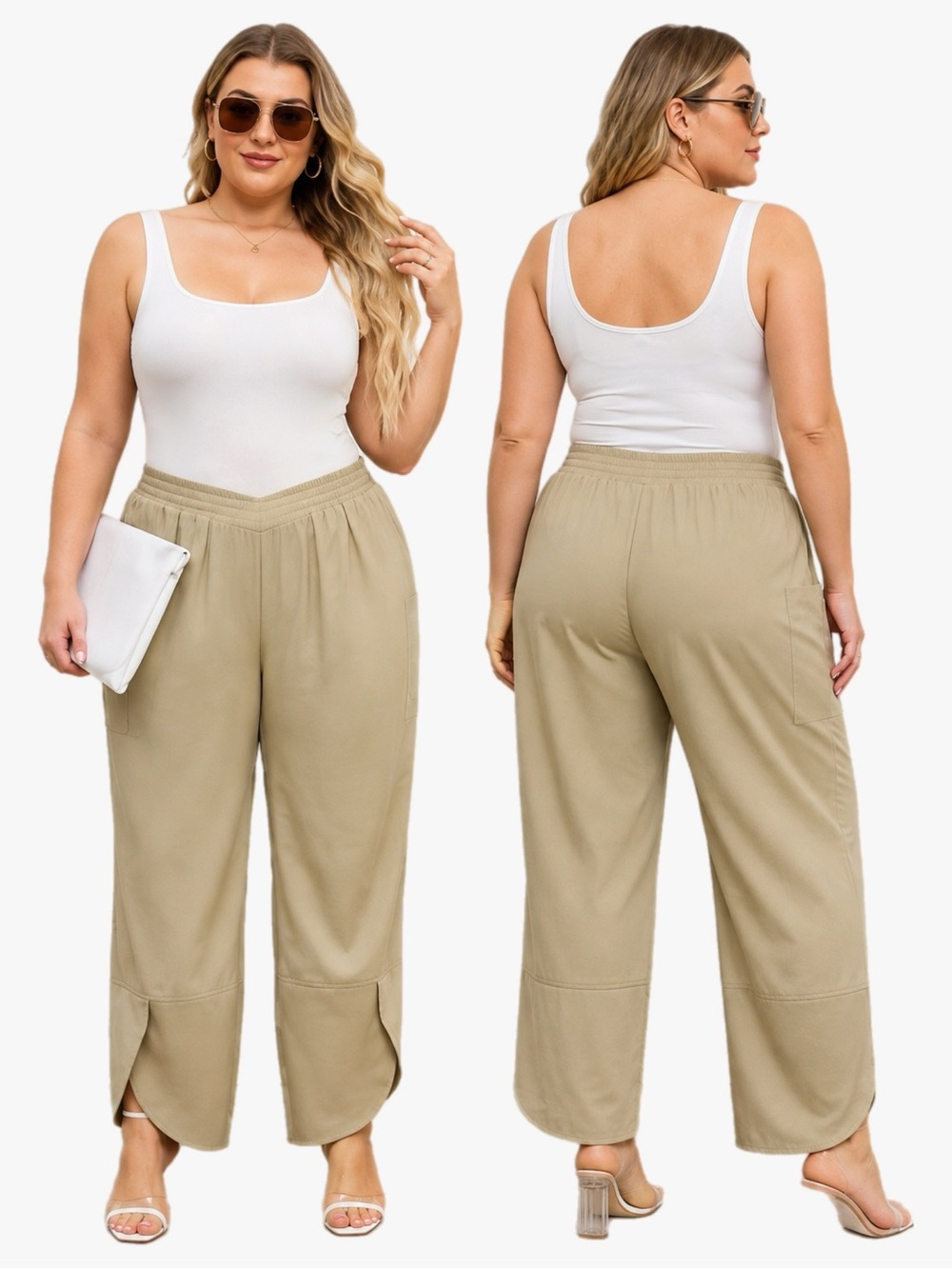 NWT AOVDE Plus Size 16 Khaki Tan Wide Leg Cargo Pants Elastic Waist Cropped